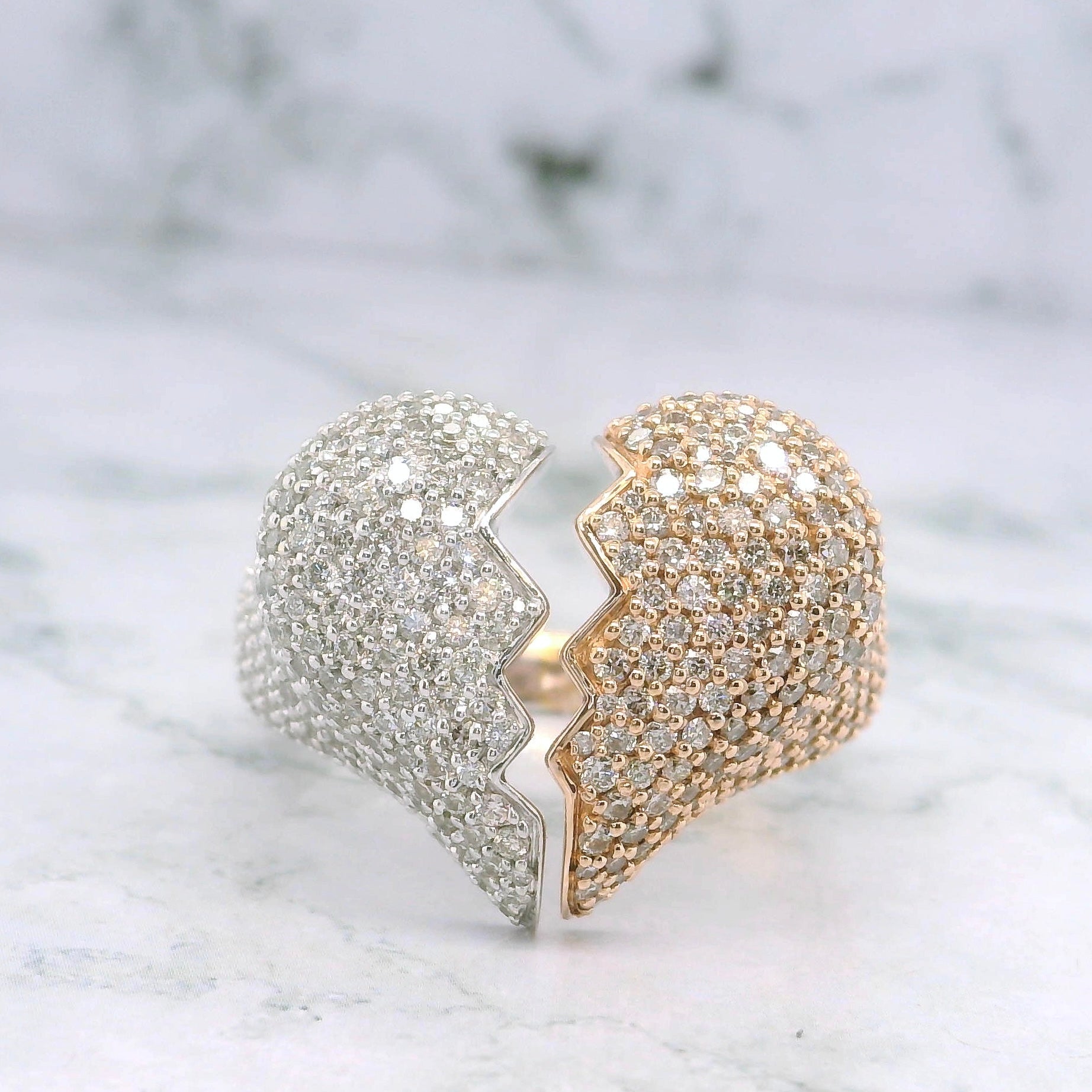 Natural 14K Rose White Gold Broken Heart Diamond Gents Ring