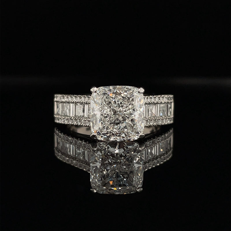LAB GROWN CUSHION BRILLIANT CUT WITH BAGUETTE & PRINCESS CUT BAND ENGAGEMENT RING