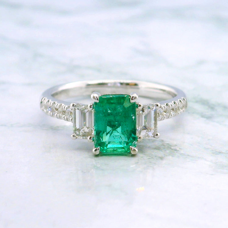 Radiant Cut Emerald and Diamond Trilogy Ring
