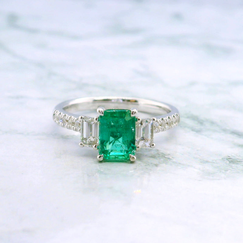 Radiant Cut Emerald and Diamond Trilogy Ring