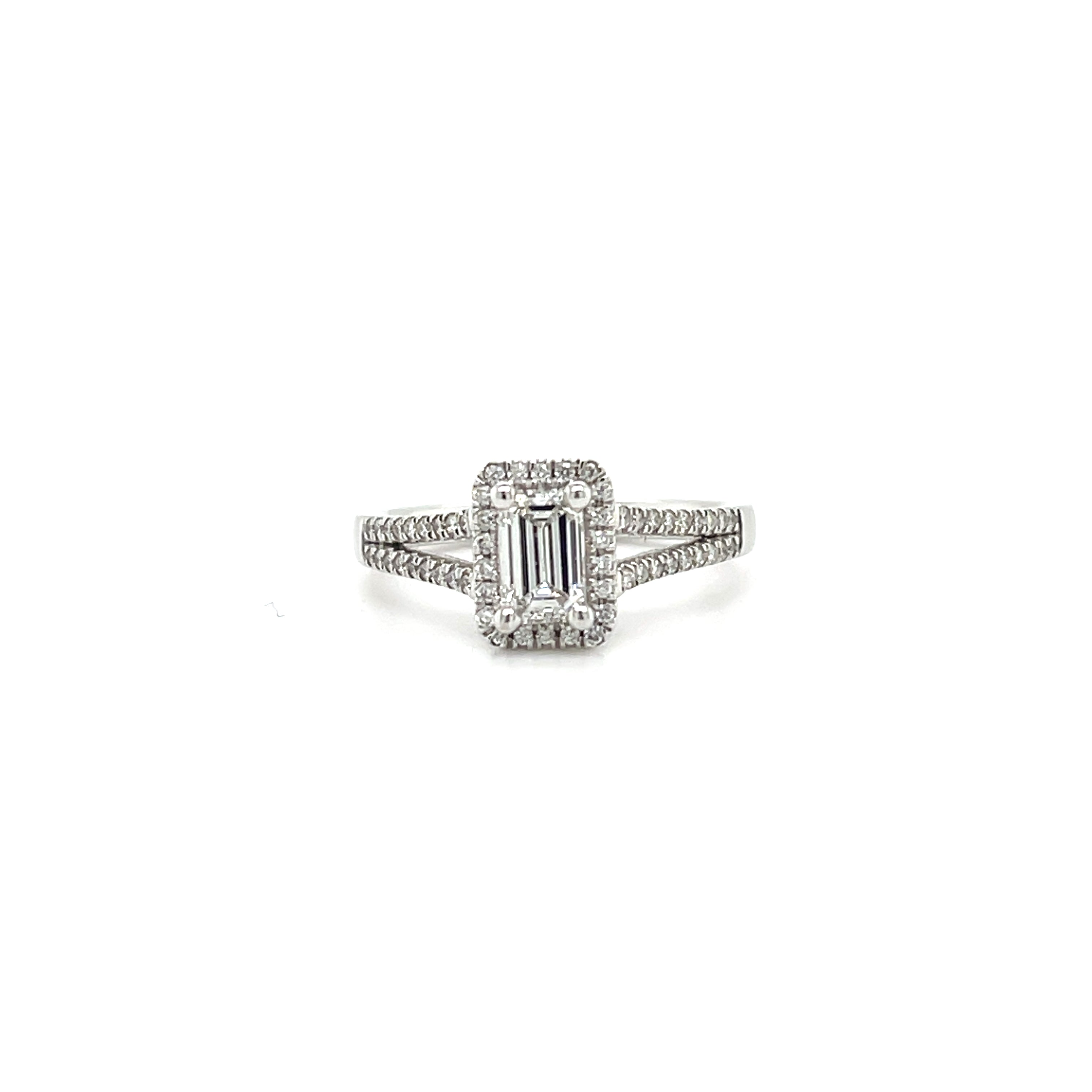 HALO EMERLAD CUT SPLIT SHANK ENGAGEMENT RING Taj Jewels UK