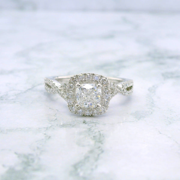 Natural Cushion Diamond Halo Spiral Band Engagement Ring - 1.19cts