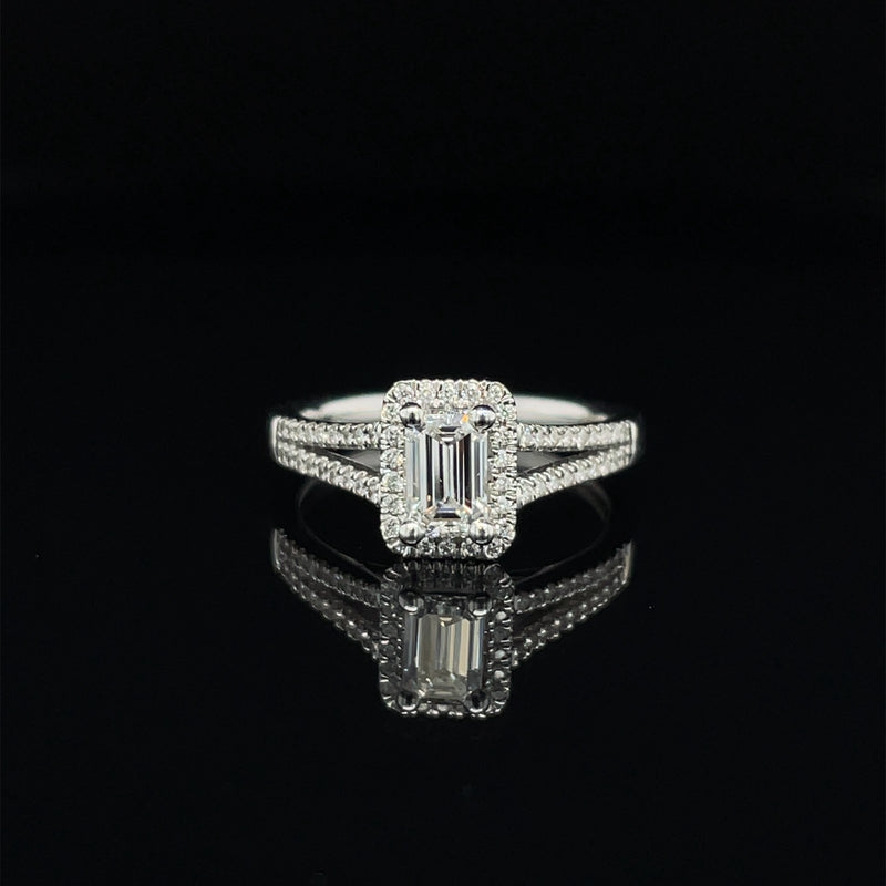 Halo Emerald Cut Split Shank Engagement Ring