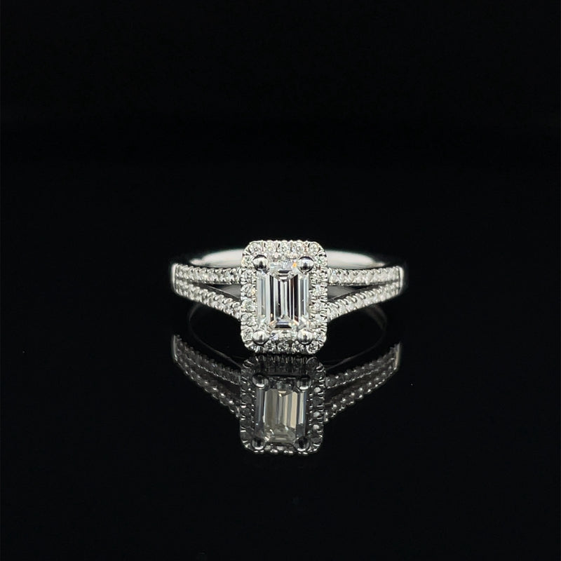 HALO EMERALD CUT SPLIT SHANK ENGAGEMENT RING