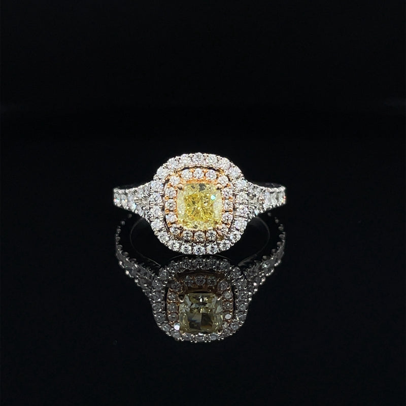 Yellow Diamond Lab Grown Platinum Cushion Shape Double Halo Engagement Ring - 0.66ct
