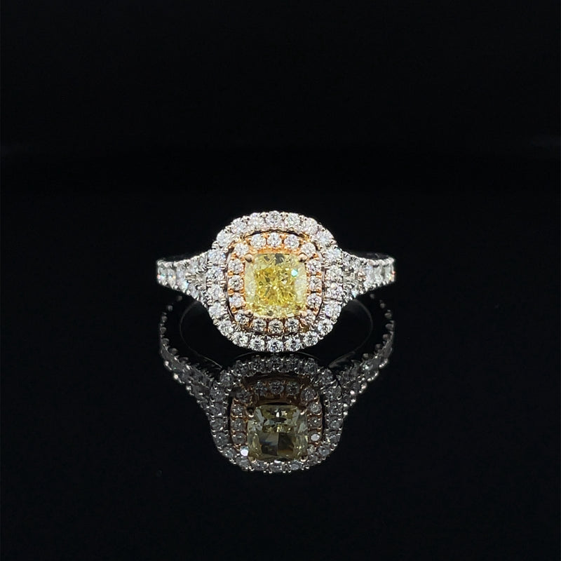 YELLOW DIAMOND LAB GROWN PLATINUM CUSHION SHAPE DOUBLE HALO ENGAGEMENT RING - 0.66CT