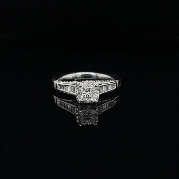 Princess Cut Halo Diamond Ring With Baguette Cuts & Round Brilliant Diamond Engagement Ring