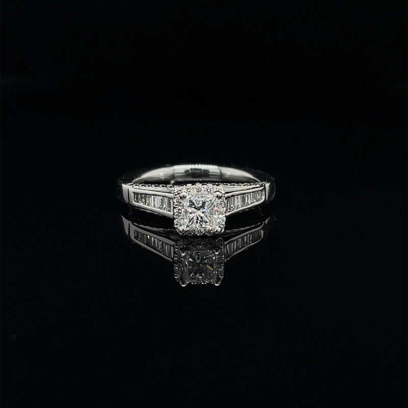 Princess Cut Halo Diamond Ring With Baguette Cuts & Round Brilliant Diamond Engagement Ring