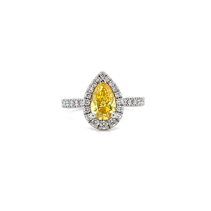 Lab Grown Platinum Yellow Diamond Pear Shape Halo Engagement Ring - 1.00ct +