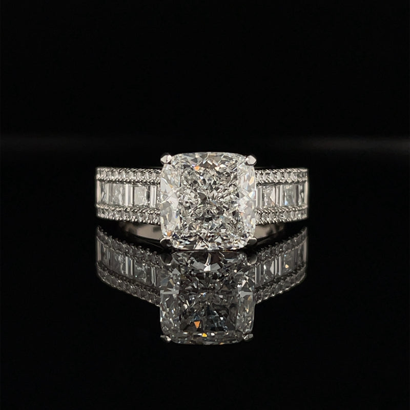 Lab Grown Cushion Brilliant Cut With Baguette & Princess Cut Band Engagement Ring -1.50ct+