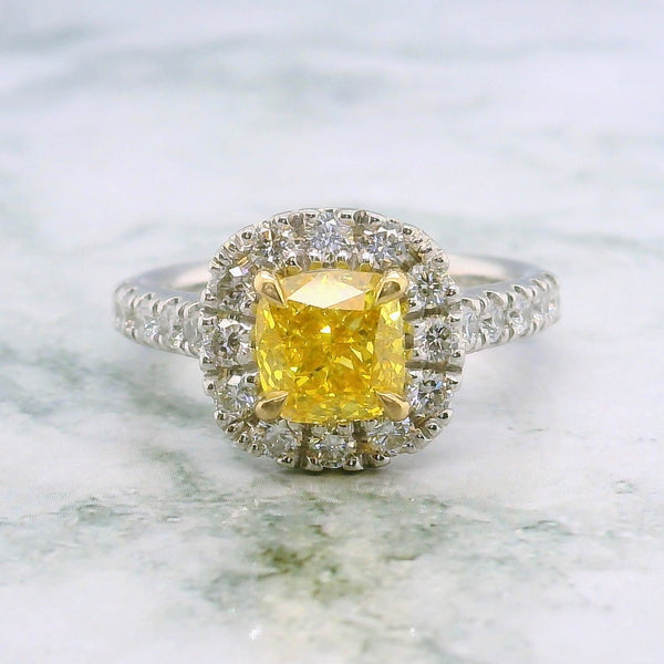 Lab Grown Yellow Diamond Cushion Shape Halo Engagement Ring - 2.21ct