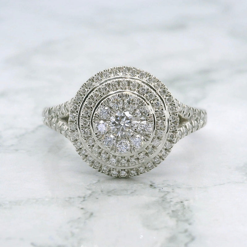 Round Cluster Double Halo Split Shank Engagement Ring