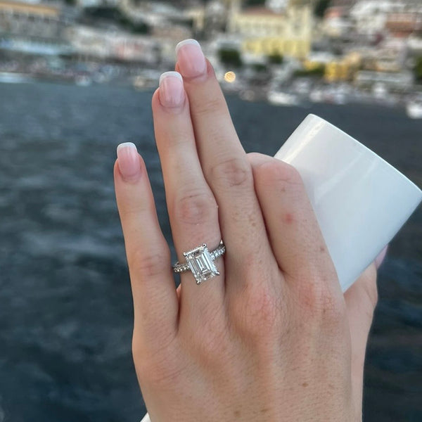 Emerald Cut 3D Pave Lab Diamond Engagement Ring (Floating Head) (1ct+)