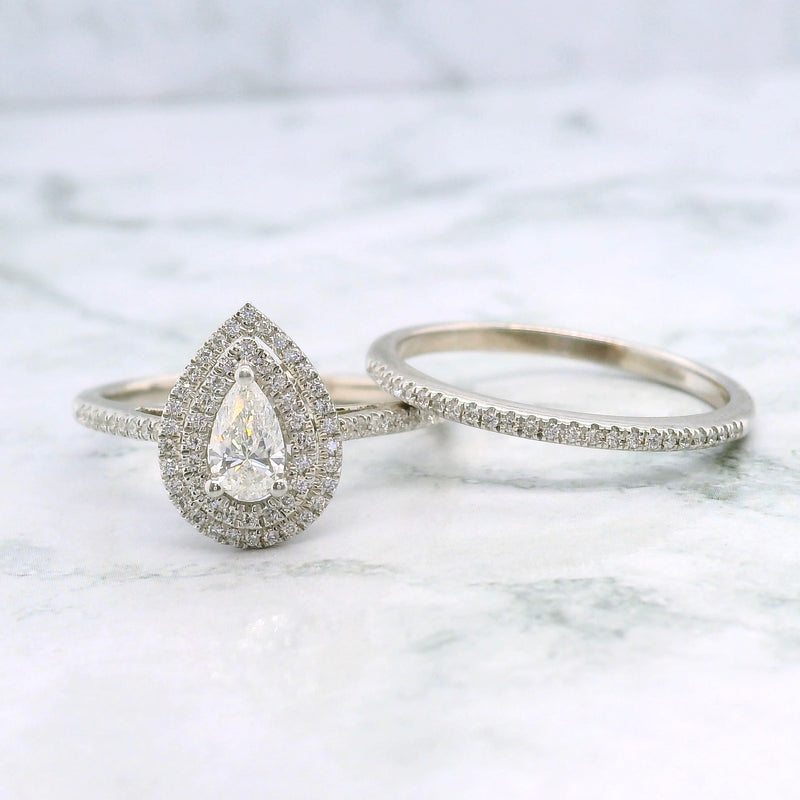 Pear Shape Double Halo Diamond Ring & Matching Band