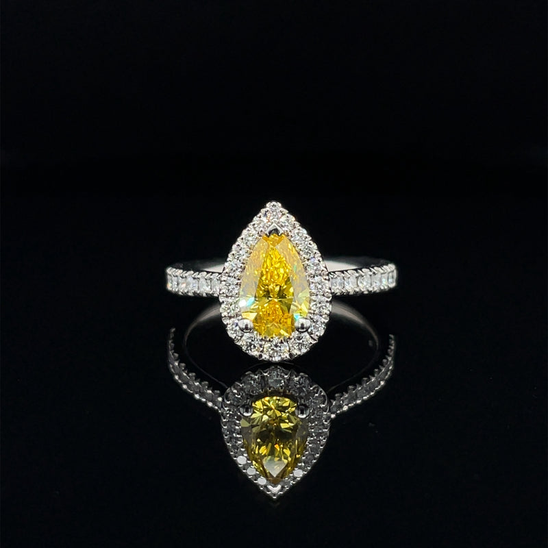 Lab Grown Platinum Yellow Diamond Pear Shape Halo Engagement Ring - 1.00ct +