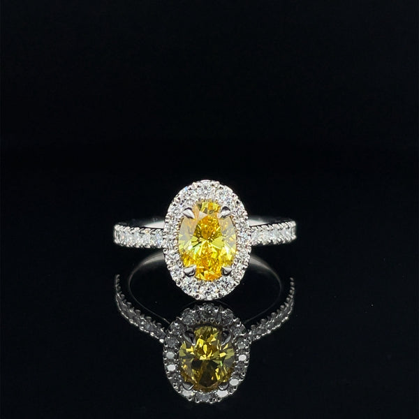Lab Grown Platinum Yellow Diamond Oval Shape Halo Engagement Ring - 1.00ct +