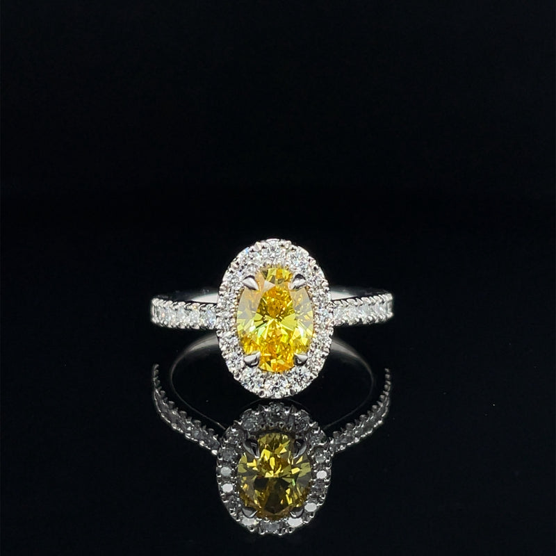 Lab Grown Platinum Yellow Diamond Oval Shape Halo Engagement Ring - 1.00ct +