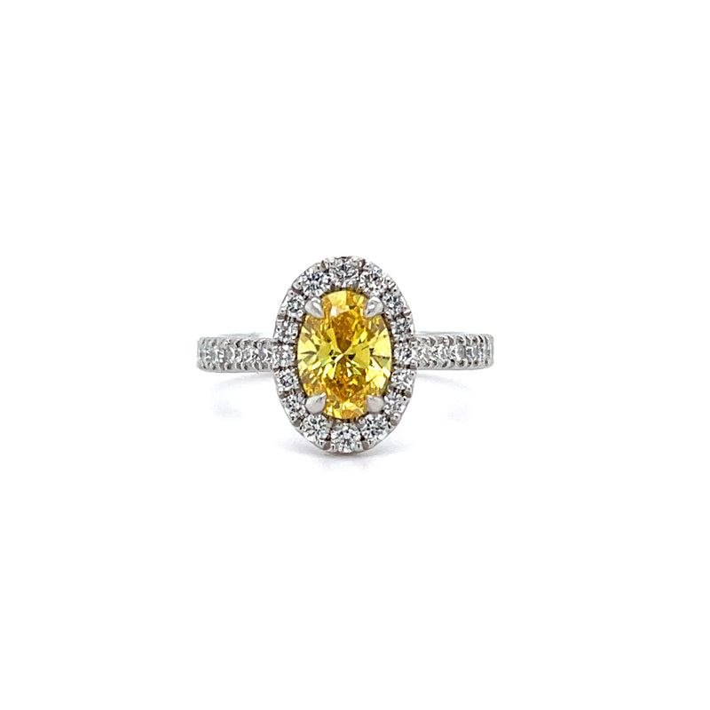 Lab Grown Platinum Yellow Diamond Oval Shape Halo Engagement Ring - 1.00ct +