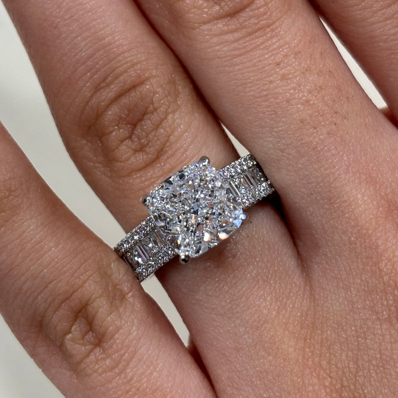 Lab Grown Cushion Brilliant Cut With Baguette & Princess Cut Band Engagement Ring -1.50ct+