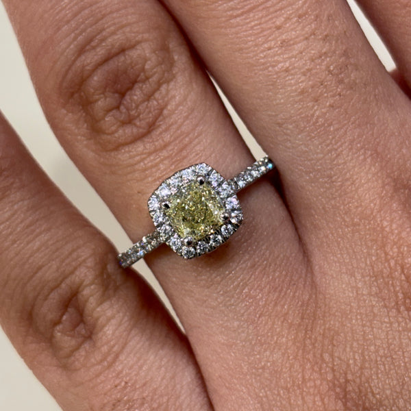 Natural Yellow Diamond Cushion Halo Engagement Ring - 1.26cts