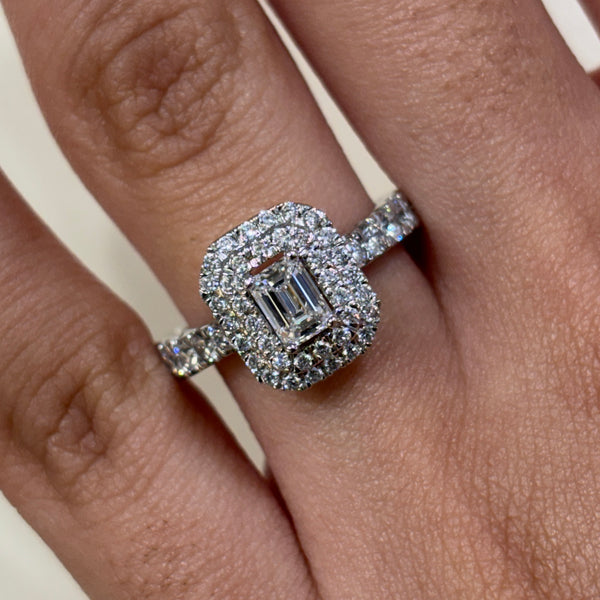 Natural Emerald Diamond Double Halo Engagement Ring - 1.44ct