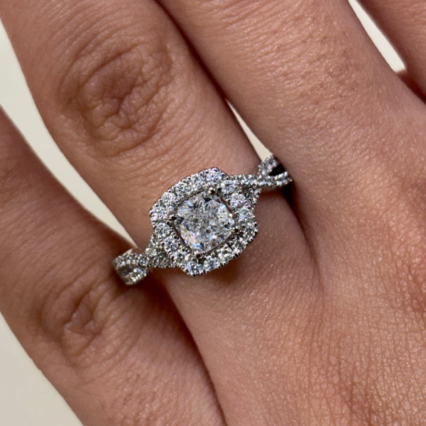 Natural Cushion Diamond Halo Spiral Band Engagement Ring - 1.19cts