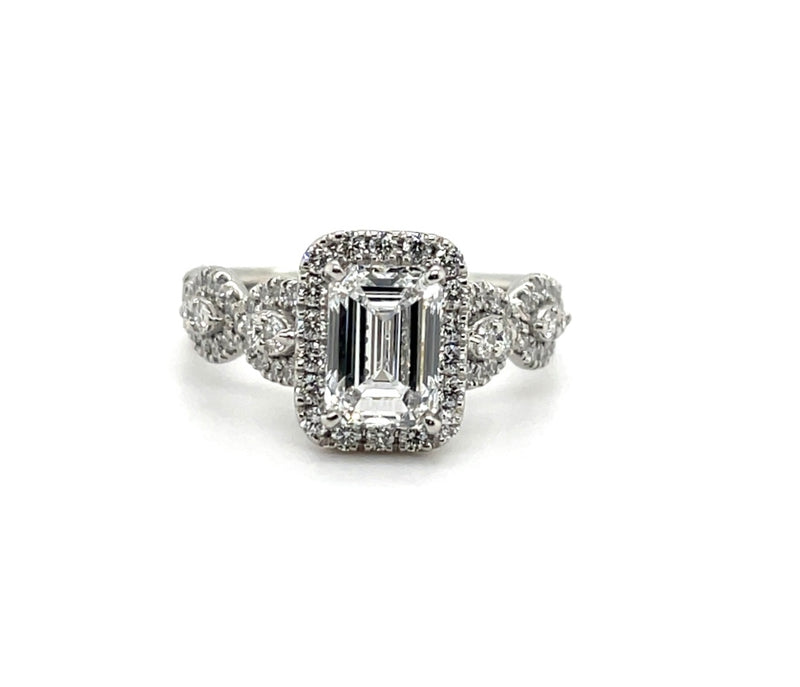 LAB GROWN EMERALD CUT HALO CROSSOVER DIAMOND ENGAGEMENT RING -1CT+