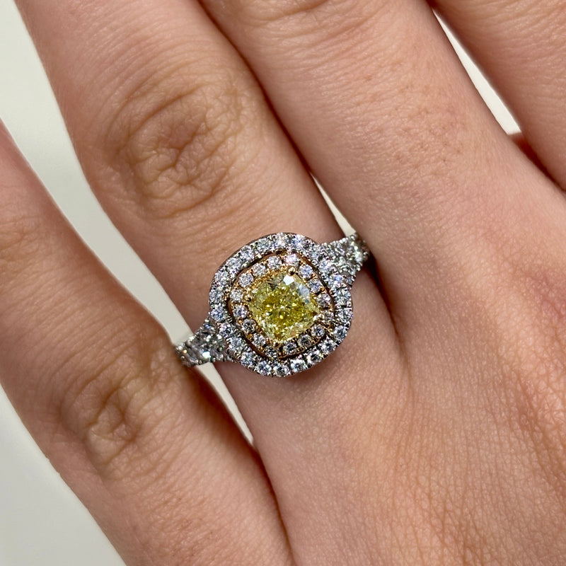 Yellow Diamond Lab Grown Platinum Cushion Shape Double Halo Engagement Ring - 0.66ct