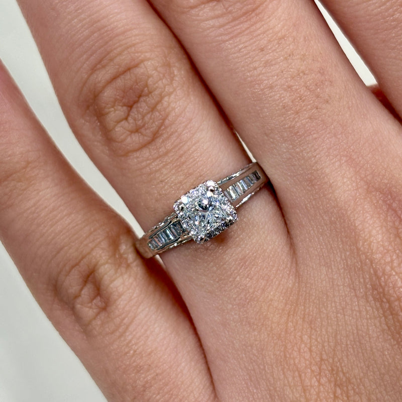 Princess Cut Halo Diamond Ring With Baguette Cuts & Round Brilliant Diamond Engagement Ring
