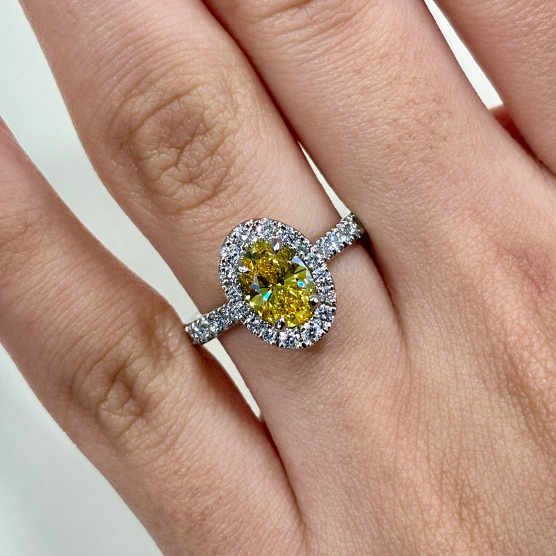 Lab Grown Platinum Yellow Diamond Oval Shape Halo Engagement Ring - 1.00ct +
