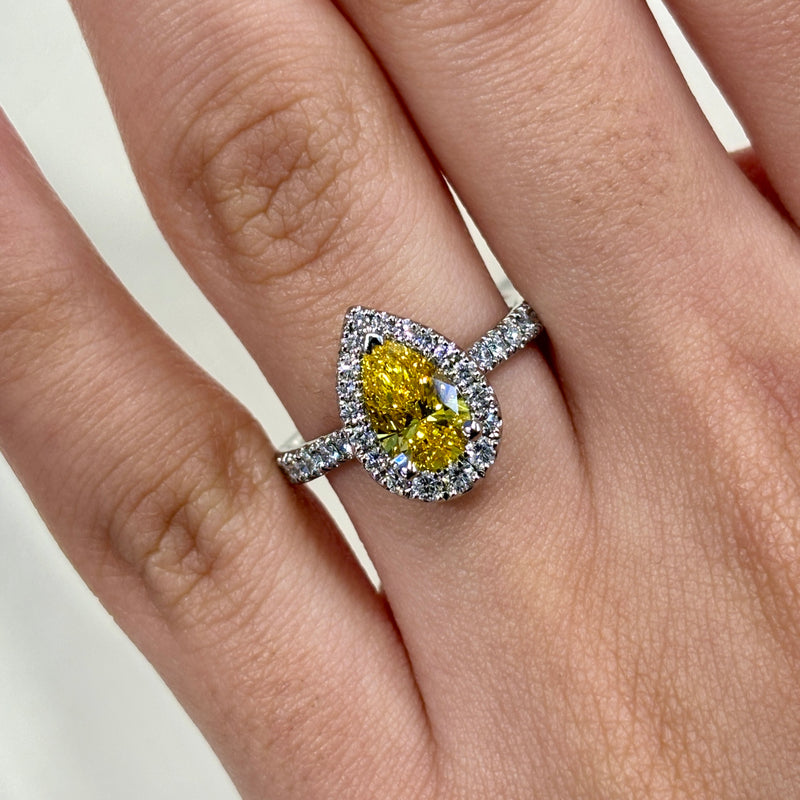 Lab Grown Platinum Yellow Diamond Pear Shape Halo Engagement Ring - 1.00ct +