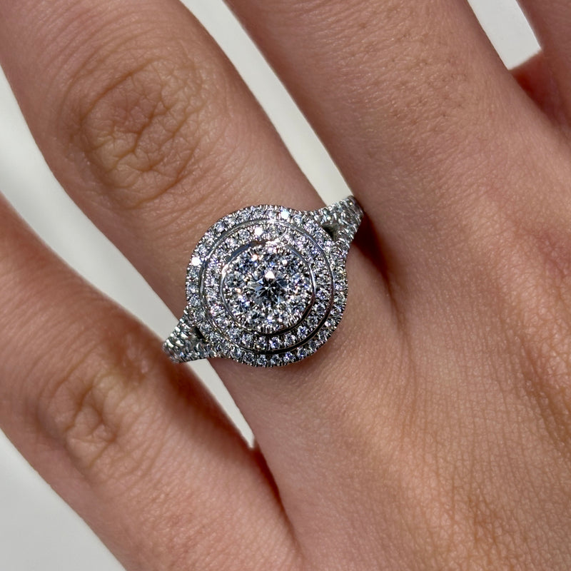 Round Cluster Double Halo Split Shank Engagement Ring