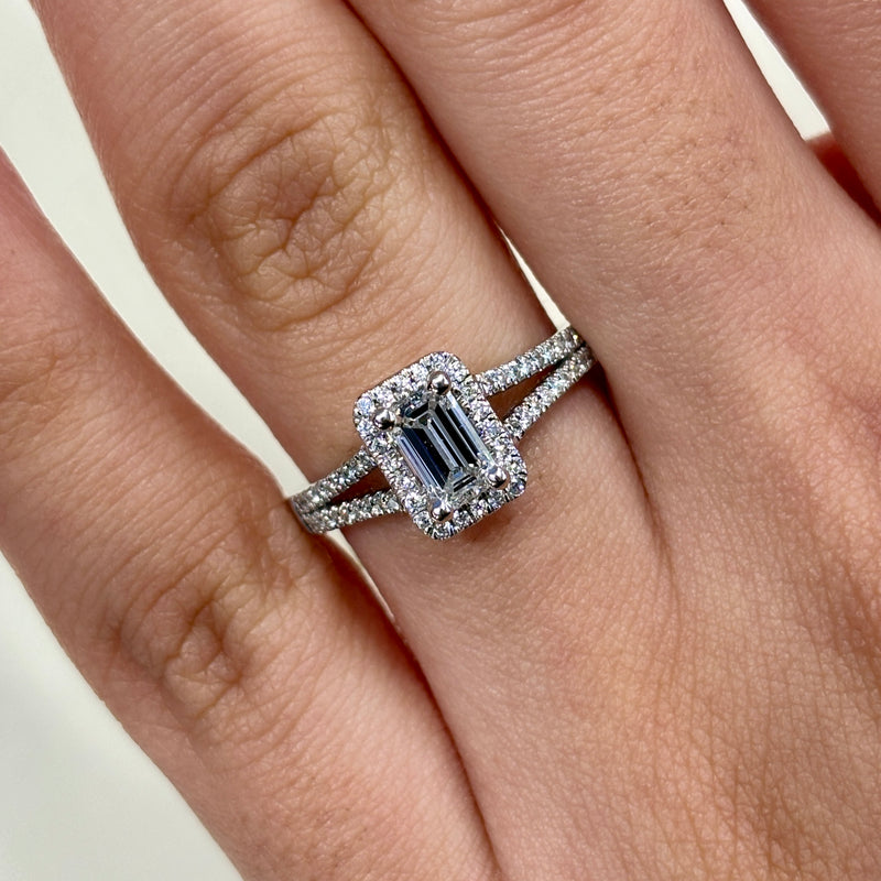 HALO EMERALD CUT SPLIT SHANK ENGAGEMENT RING