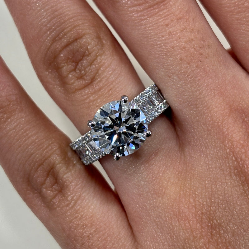 Lab Grown Round Brilliant Cut With Baguette & Princess Cut Band Engagement Ring -1.0CT+