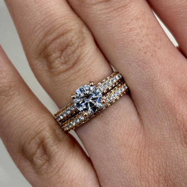 Natural Round Brilliant Diamond Double Hidden Halo Pave Engagement Ring & Matching Wedding Band- 2.69ct