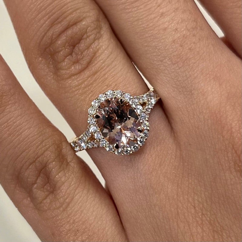 Oval Cut Morganite & Halo Diamond Ring with Split Shank