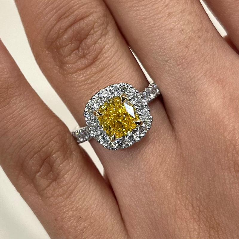 LAB GROWN PLATINUM YELLOW DIAMOND CUSHION SHAPE HALO ENGAGEMENT RING - 1.51CT