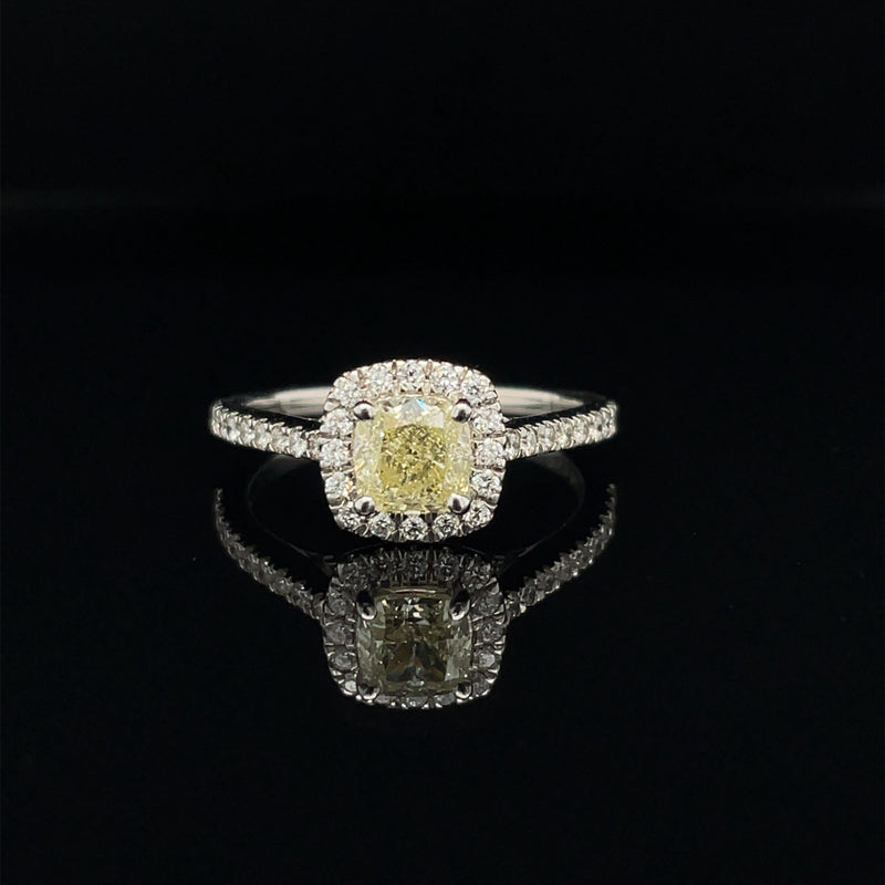 Natural Yellow Diamond Cushion Halo Engagement Ring - 1.26cts