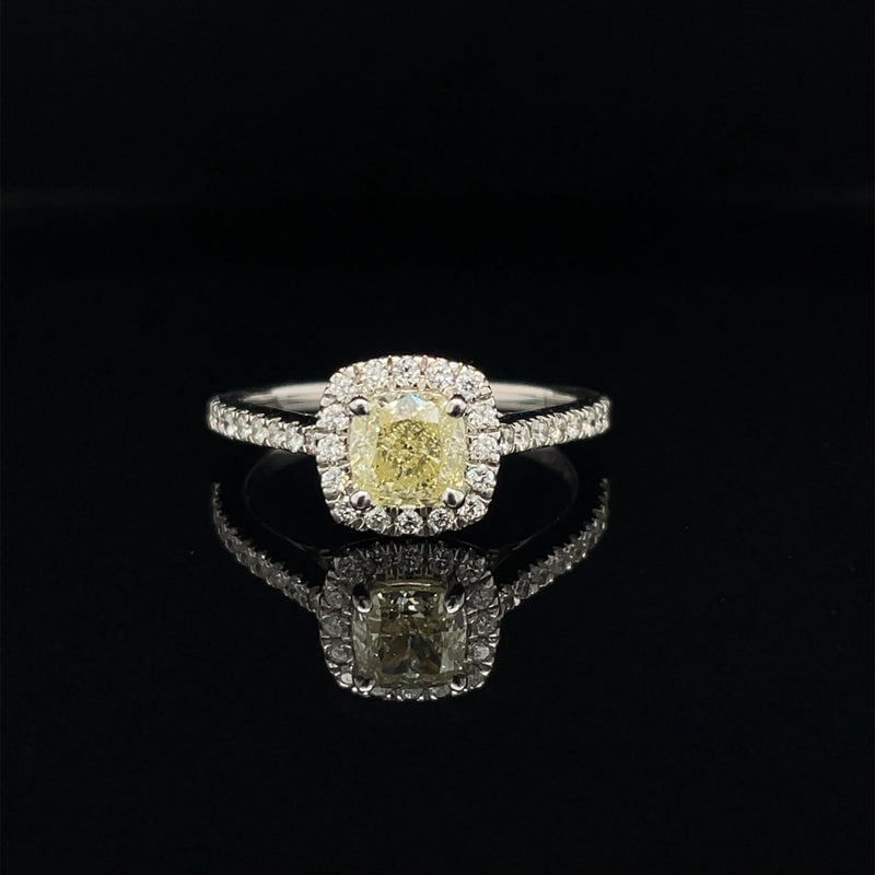 NATURAL YELLOW DIAMOND CUSHION HALO ENGAGEMENT RING - 1.26CT