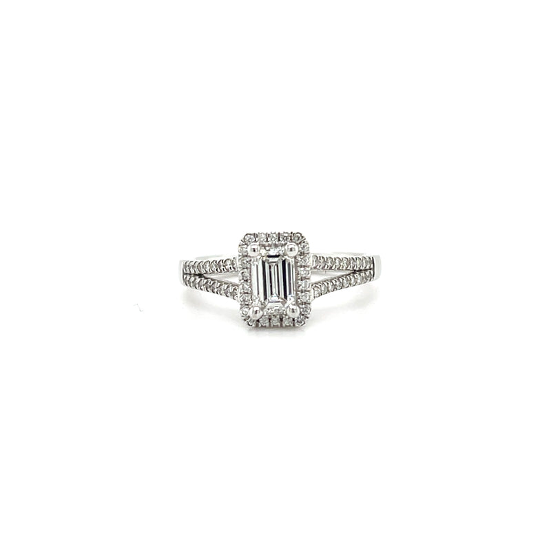 HALO EMERALD CUT SPLIT SHANK ENGAGEMENT RING