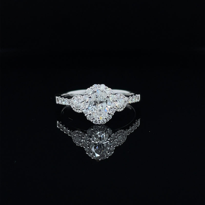 Oval Shape Single Halo Trilogy Diamond Ring