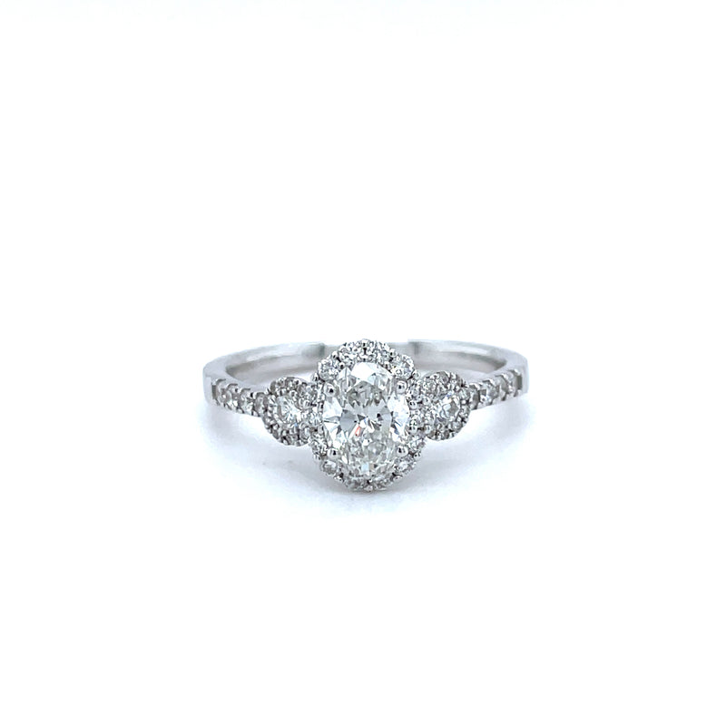 Oval Shape Single Halo Trilogy Diamond Ring