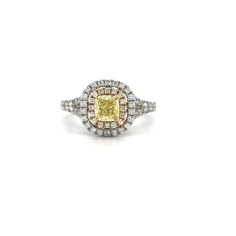Yellow Diamond Lab Grown Platinum Cushion Shape Double Halo Engagement Ring - 0.66ct