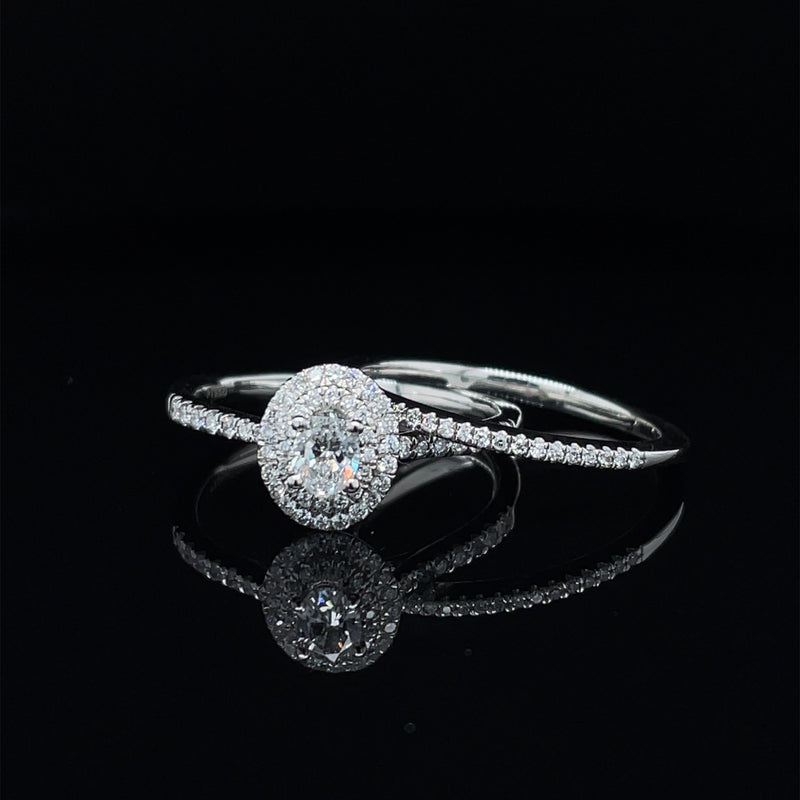 Oval Shape Double Halo Diamond Ring & Matching Band