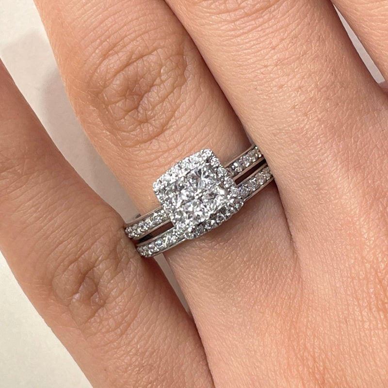 Princess Shape Single Halo Diamond Ring and Matching Band