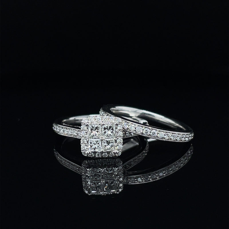 Princess Shape Single Halo Diamond Ring and Matching Band