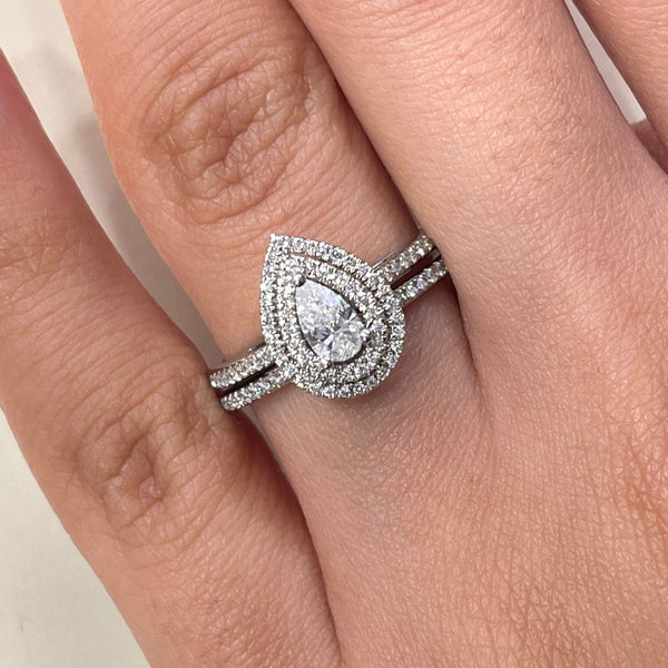 Pear Shape Double Halo Diamond Ring & Matching Band