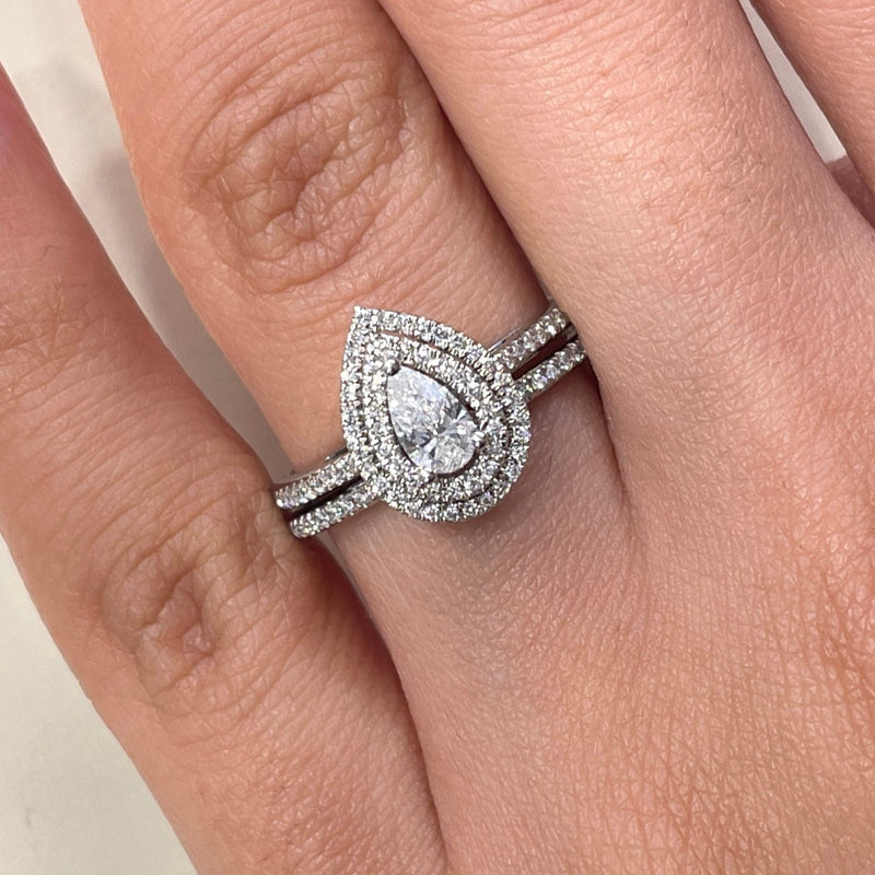 Pear Shape Double Halo Diamond Ring & Matching Band