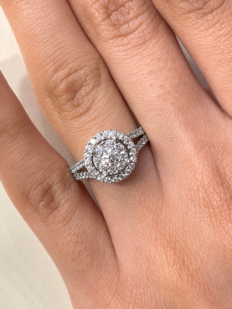 Round Shape Single Halo Split Shank Diamond Ring