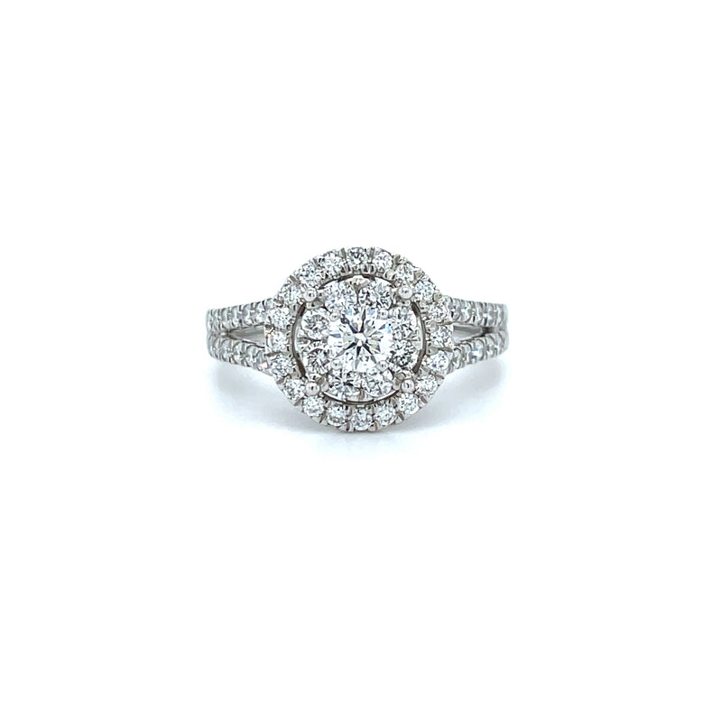 Round Shape Single Halo Split Shank Diamond Ring